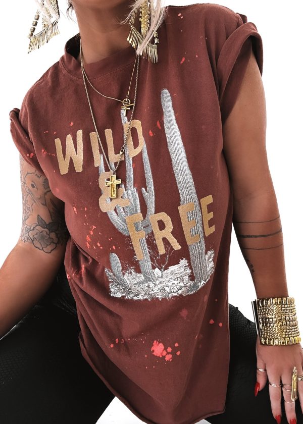 FINAL SALE: WILD AND FREE CACTUS BLEACHED OUT SIDE SLIT TEE For Discount